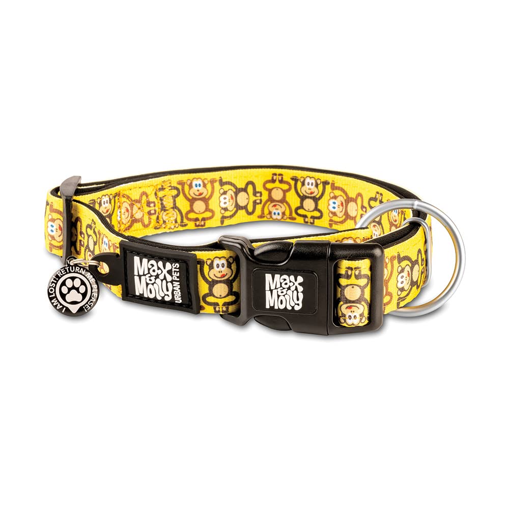 Max & Molly Soft Padded Neoprene Dog Collar w/Smart ID Gotcha! QR Pet Safety Tag, Durable, Waterproof, Anti-Stink, Machine Washable Collar for Dogs, Monkeys Pattern, XS