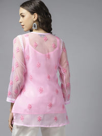 Ada Women's  Hand Embroidered Lucknowi Chikankari Georgette Short Top Kurti with Slip