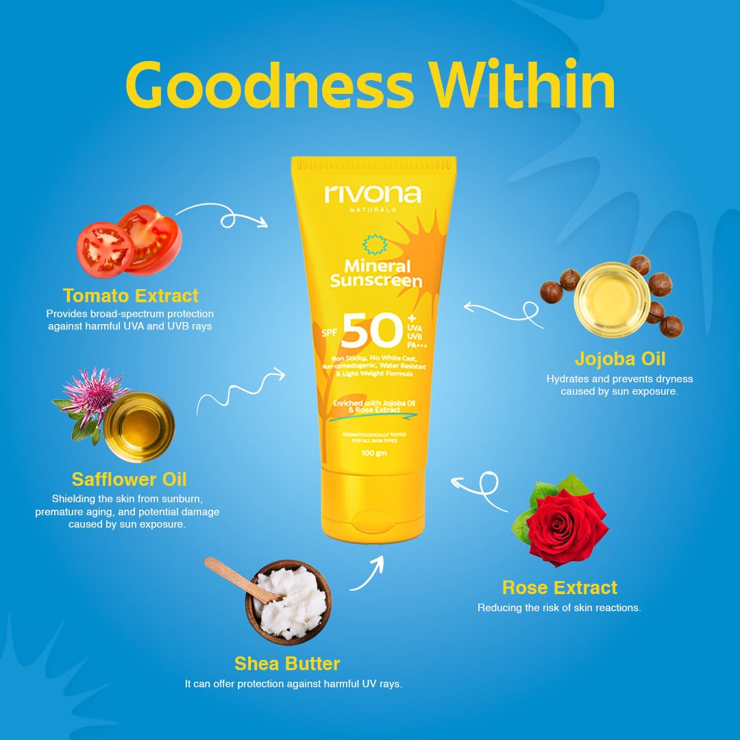 Rivona Naturals Mineral Sunscreen Spf 50 PA +++ for Acne-prone skin| UVA & UVB filters| No White Cast| Non-Oily, Non-Sticky & Water resistant| For dry, oily and sensitive skin| 100 gm