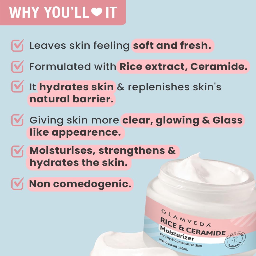 Glamveda Rice & Ceramide Moisturizer Skin Barrier Building & Nourishing | For Fine Lines Wrinkles, Age Spots & Hyperpigmentation | No Paraben, Sls | 50ml