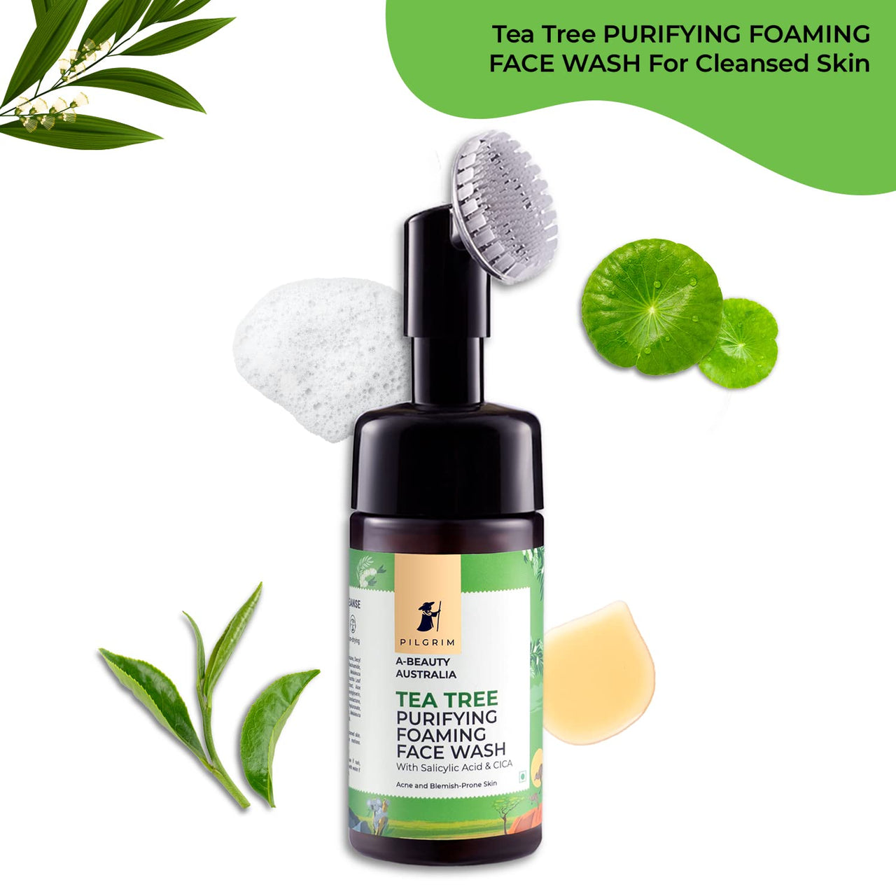 Pilgrim Australian Tea Tree & 1%Salicylic acid Foaming Face wash with brush|Tea Tree face wash with 1%salicylic acid & CICA for oily skin,acne and pimples|Oily skin cleanser for face|Women & Men|120ml