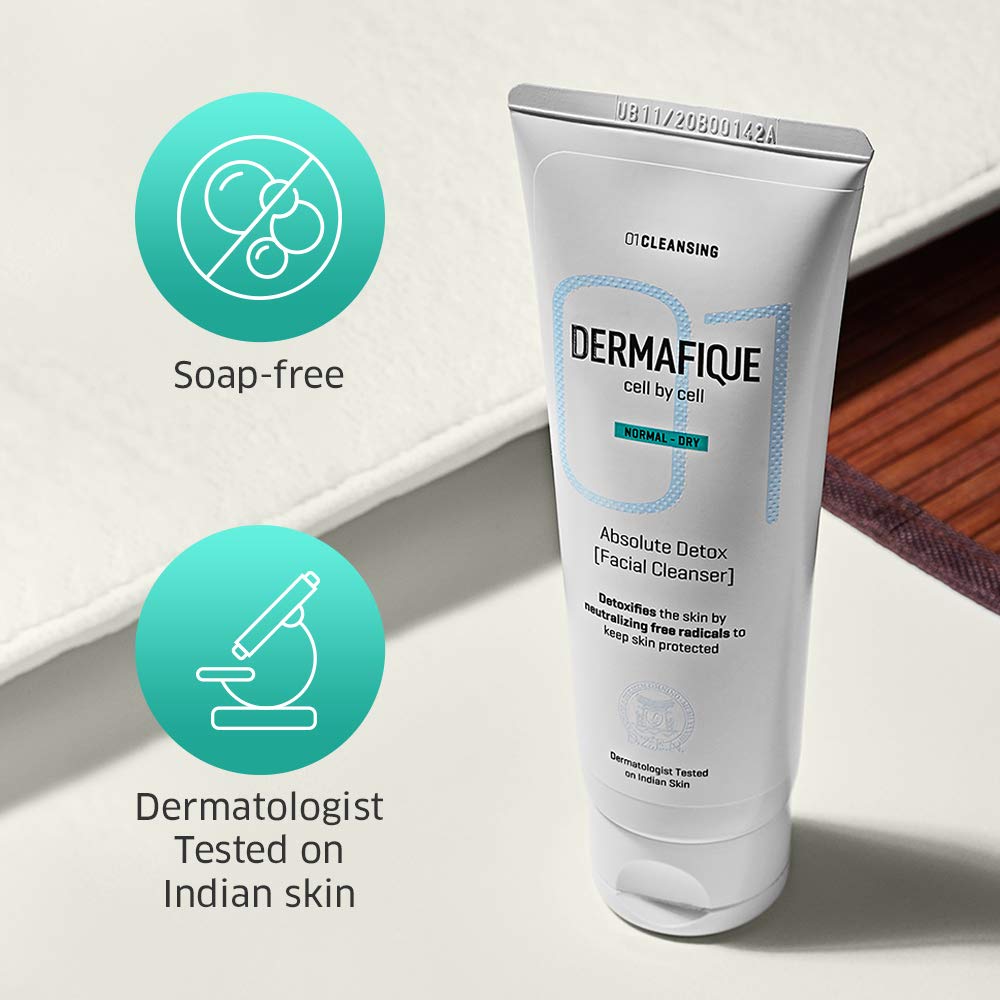 Dermafique Absolute Detox Facial Cleanser – 100ml, with Bio-Active Cellulose Beads, Face Wash Enriched with Vitamin E & Pomegranate Extracts | Soap, Paraben & Alcohol Free | Dermatologist Tested Face Cleanser