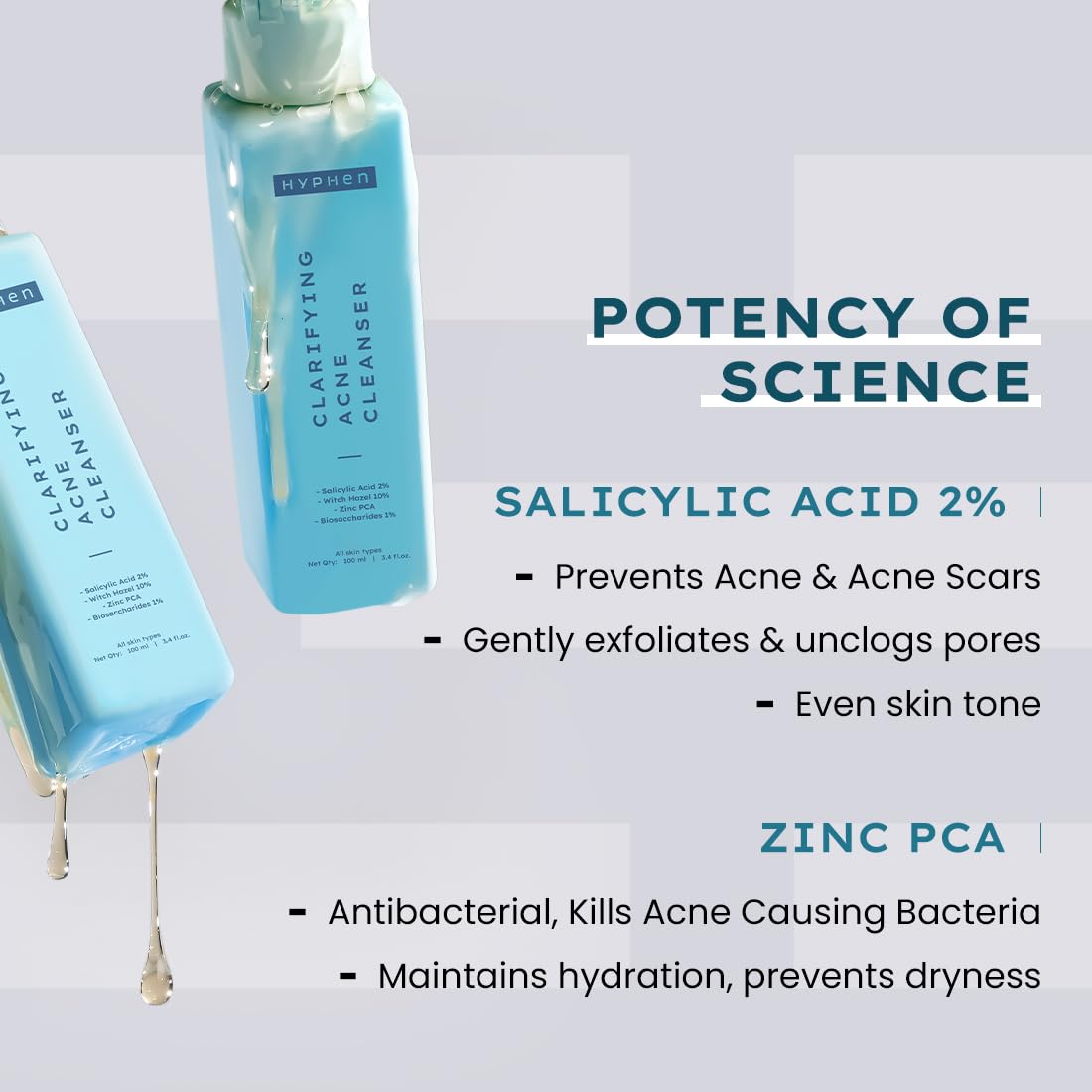 Hyphen Clarifying Acne Face Wash for Women and Men | Cleanser For Acne Prone Skin with Salicylic Acid 2%, Zinc PCA, Witch Hazel 10% | Anti-Acne Face Wash for Oil Control, Pore Cleasning | Antibacterial & Non-Drying Formula - 100ml