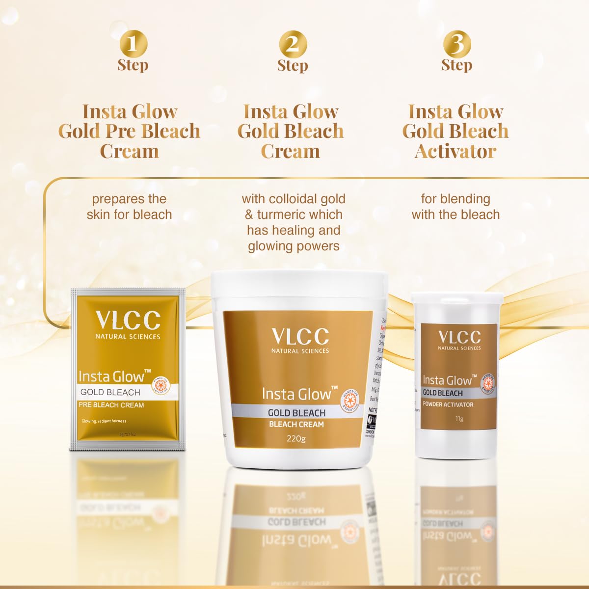VLCC Insta Glow Gold Bleach - 402g | With Colloidal Glow For Glowing Fairness | Skin Brightening Bleach | Perfect Skin Match, Reduces Facial Hair Visibility, Brightens Complexion.