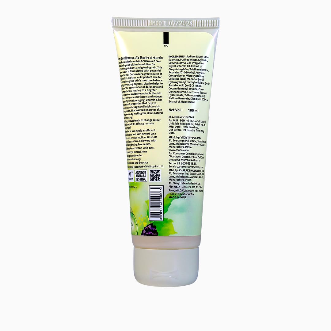 Vedistry Moha: Niacinamide & Vitamin C Brightening Face Wash | Hydrating Cucumber & Dark Spot Reducing Licorice | Glowing Skin | Unisex | 100 Ml