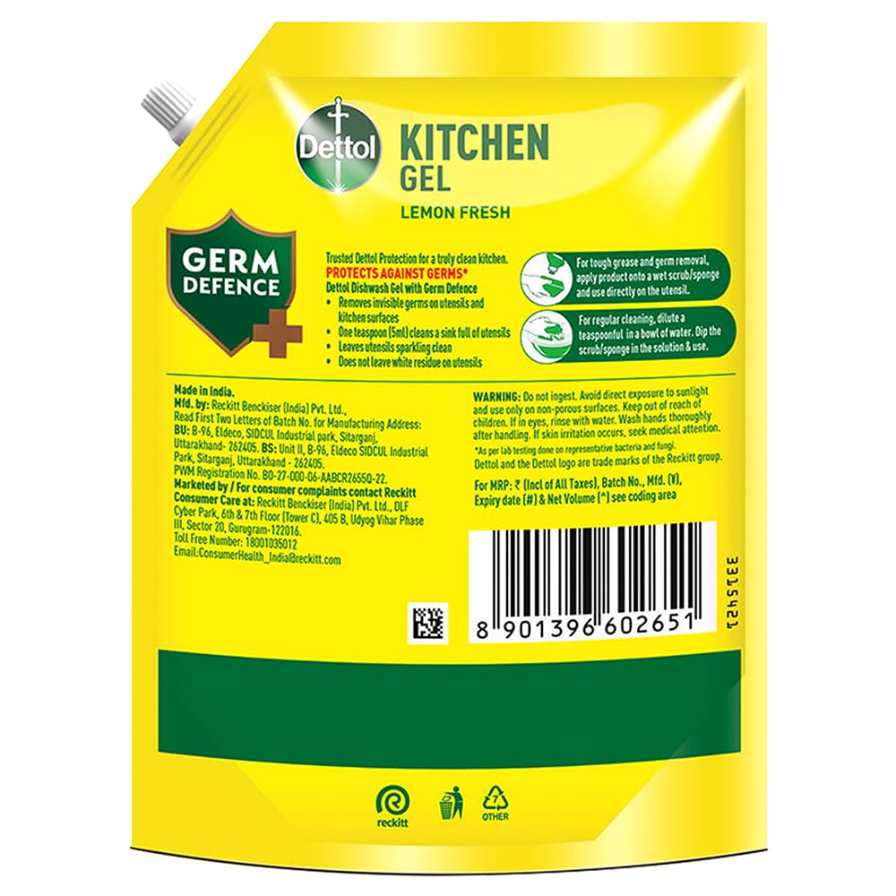 Dettol Lemon Fresh Dishwash liquid and Kitchen Gel || Cuts Tough Grease || Remove germs || 1500ml, (Refill Pack)