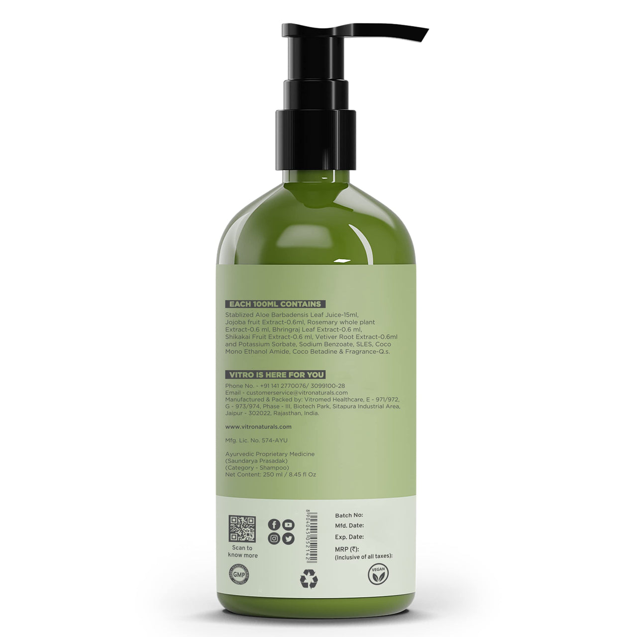Vitro Aloe Jojoba Shampoo 250 ml | Pack | For Smooth & Shiny Hair | Anti-Hairfall | For All Hair Types | Paraben Free