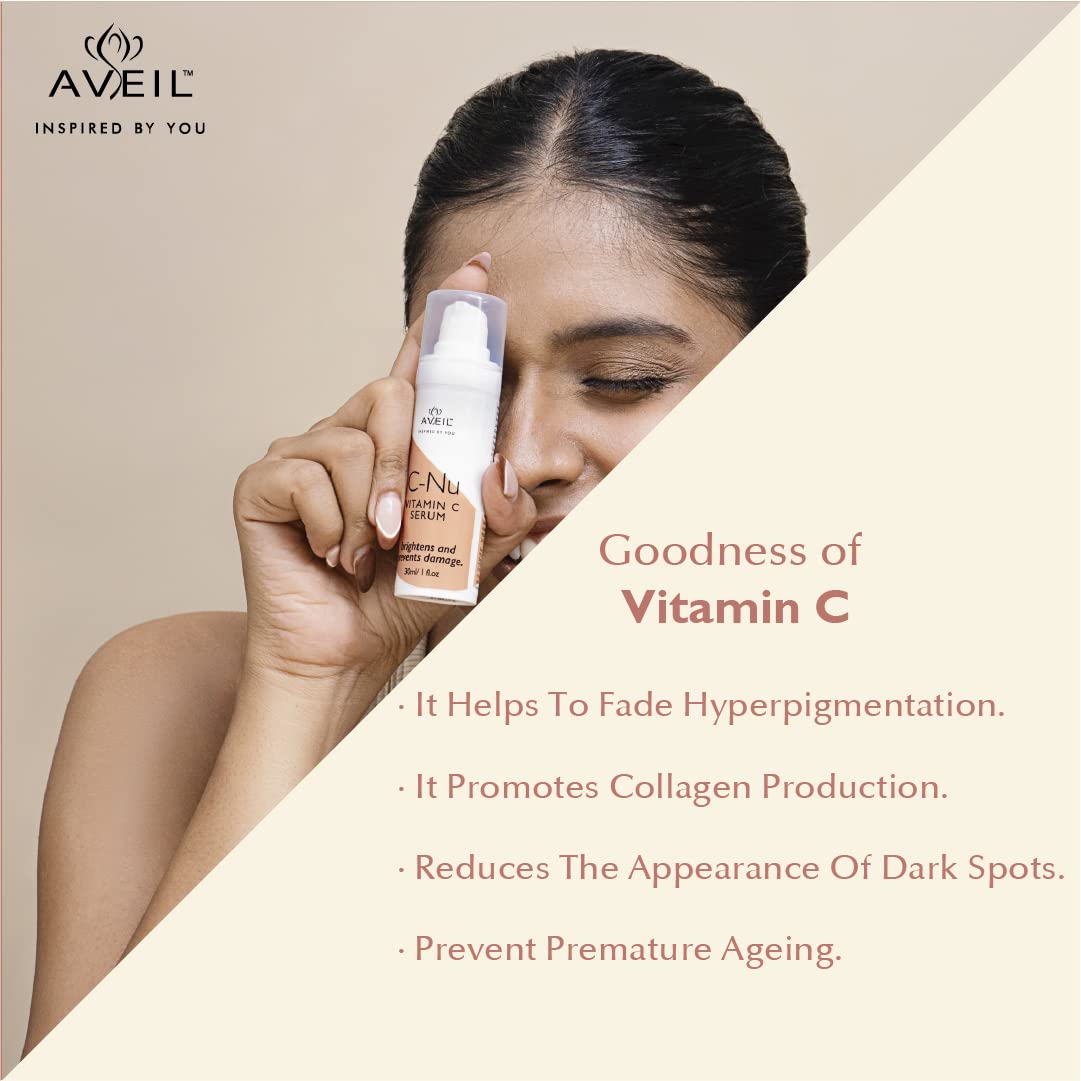 AVEIL C-Nu Vitamin C Face Serum - 30ml | Skin Rejuvenation | Hydrates & Improves Skin Texture | Vitamin C Face Serum for Radiant Glowing Skin | Lightens Hyperpigmentation & Dark Spots | All Skin Types