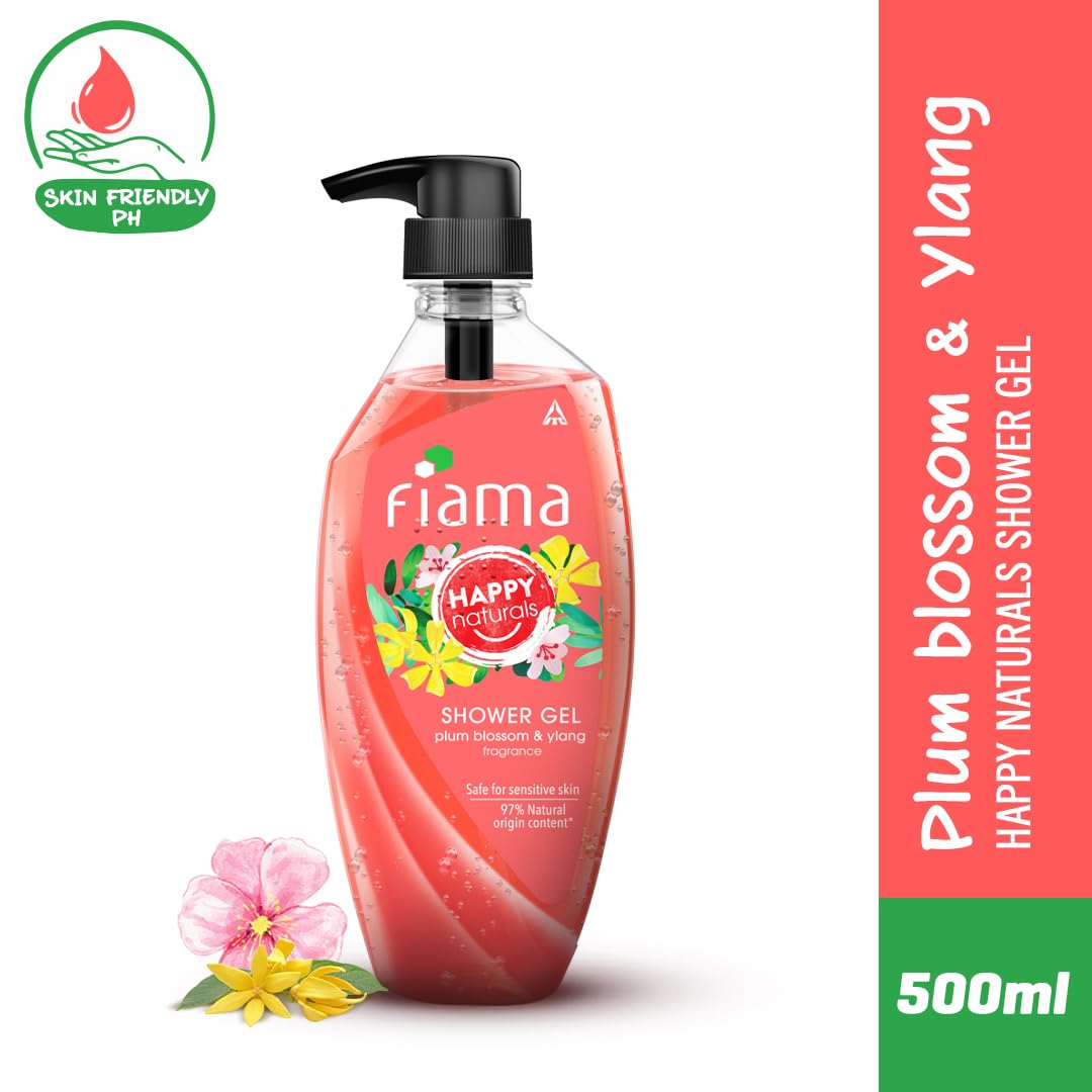 Fiama Happy Naturals Body Wash Shower Gel, Plum Blossom and Ylang, 500ml, Body Wash for Women & Men, 97% Natural Origin Content, Safe on Sensitive Skin Bodywash