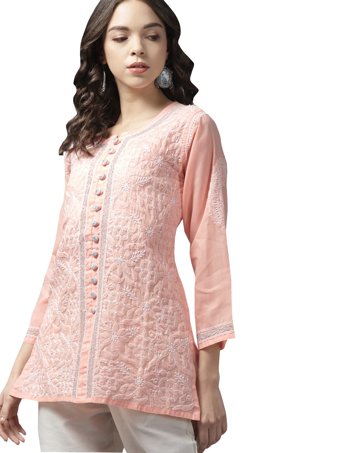 Ada Women's  Hand Embroidered Lucknowi Chikankari Cotton Straight Short Top Kurti A178625