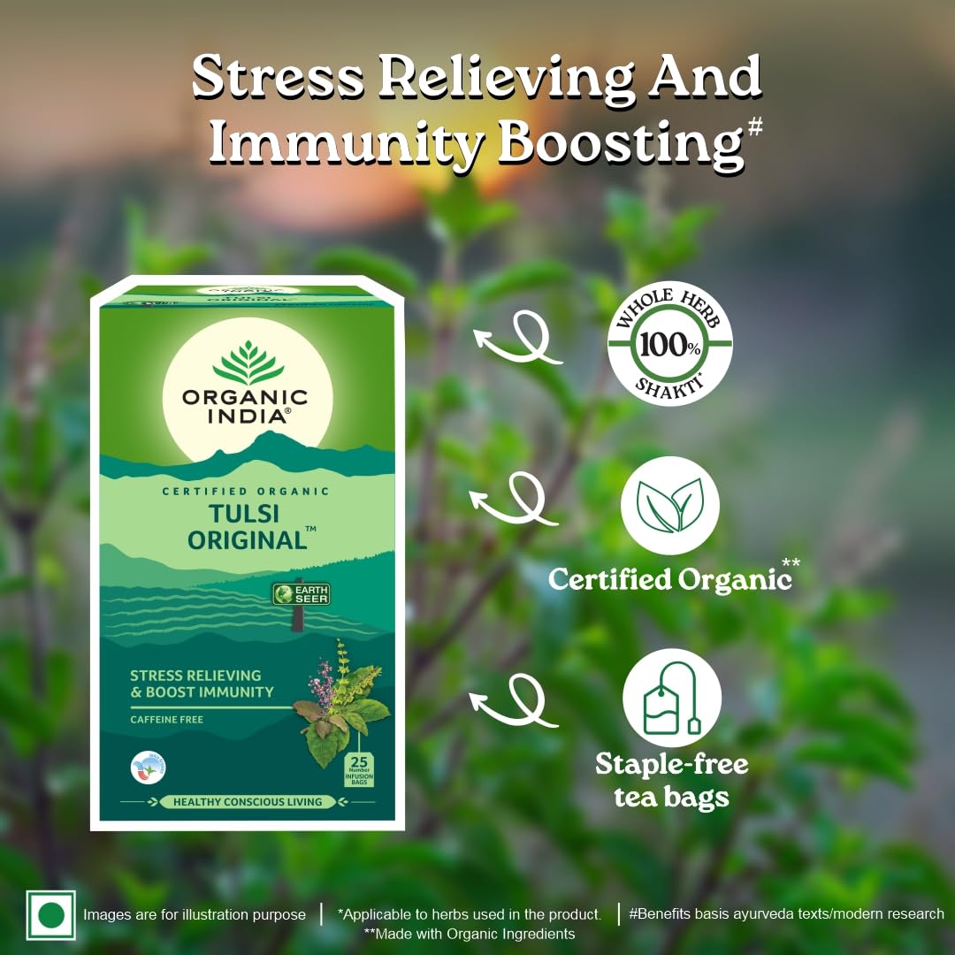 A TATA Product - Organic India Tulsi Original - 25 Tea Bags, Caffeine-Free Herbal Tea with Tulsi, Natural Detoxifier, Rich in Antioxidants, Convenient Staple-Free Bag