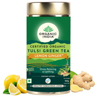 A TATA Product - Organic India Tulsi Green Tea Lemon Ginger - 100g Tin Container, Herbal Blend with Green Tea, Tulsi, Lemon & Ginger, Supports Digestion, Refreshing Taste, Natural Ingredients