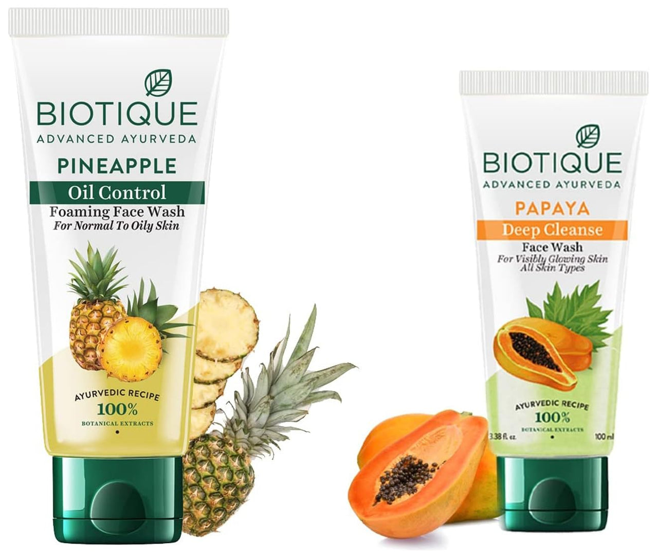 Biotique Bio Papaya Visibly Flawless Skin Face Wash (soft scrub) 100ml and Biotique Bio Pineapple Oil Control Foaming Face Wash, 150ml