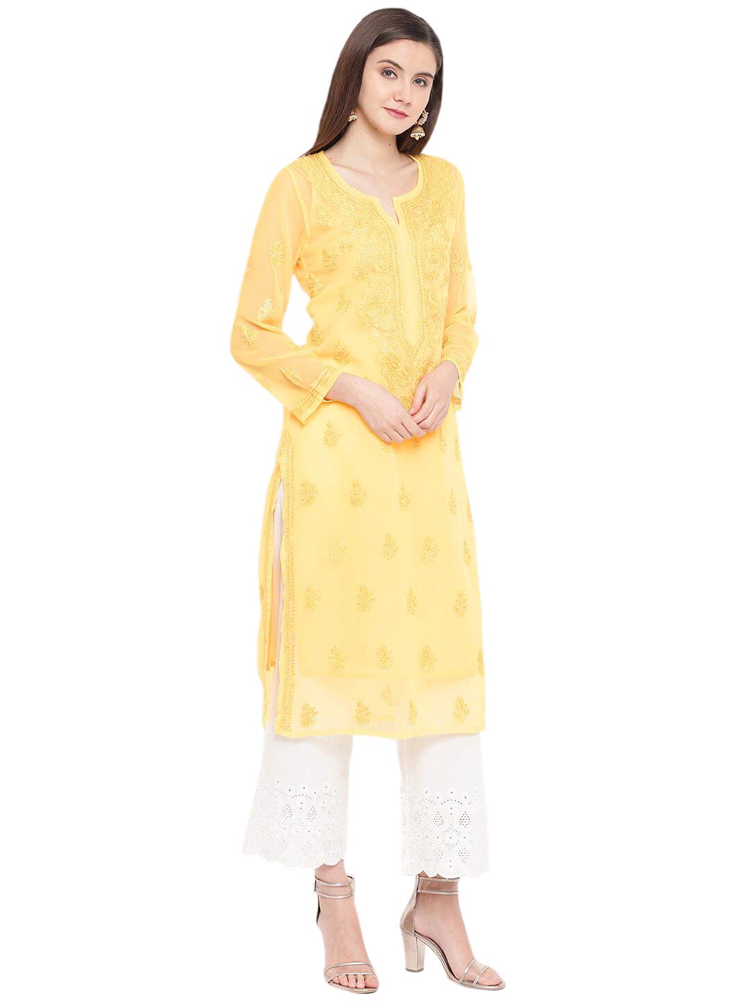 Ada Lucknowi Hand Embroidered Chikankari Women's  Georgette Kurta Kurti with Slip