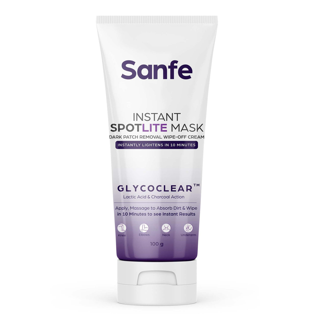 Sanfe Instant Spotlite Mask For Dark Underrams, Neck & Body| Dark Patch Removal Wipe-Off Cream in 10 Minutes | For Detanning, Anti Aging & Skin Tightening | Glycolic & Kojic acid with Charcoal 100g