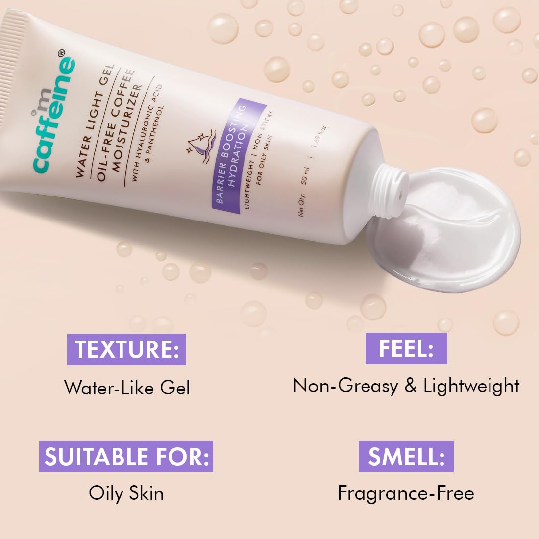 mCaffeine Water Light Gel Oil-free Coffee Moisturizer | Deep Skin Hydration & Barrier Boost with Ceramide Moisturizer | Face Cream for Women and Men | 72 Hrs Moisturization |Barrier Repair Gel-based Moisturizer For Oily Skin - 50ml