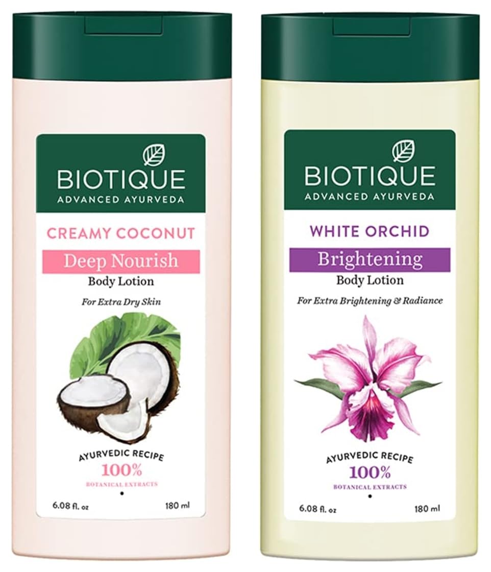 Biotique Bio Creamy Coconut Ultra-Rich Body Lotion For Extra Dry Skin, 180ml & Bio White Orchid Skin Whitening Body Lotion, 180ml