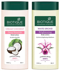 Biotique Bio Creamy Coconut Ultra-Rich Body Lotion For Extra Dry Skin, 180ml & Bio White Orchid Skin Whitening Body Lotion, 180ml