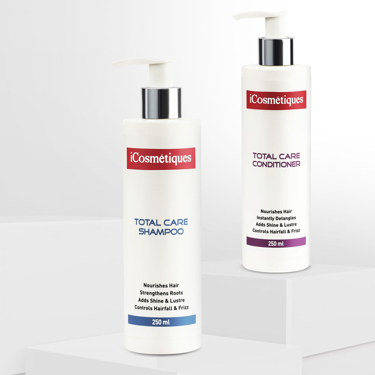 iCosmetiques Shampoo & Conditioner Combo|Sulphate & Silicone Free |Reduces Hair Fall & Frizz |Keratin, Proline & Vitamin B5 |Strengthens Roots |Unisex Total Care Formula |250ml each