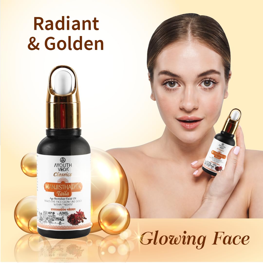 Ayouthveda Manjisthadya Taila | Nourishes Skin Tone With Goat Milk & Matulunga| Helps To Restore Dull Skin | Work As Natural Skin Illuminator | Anti-Aging Facial Oil (Pack Of 1-30ml)