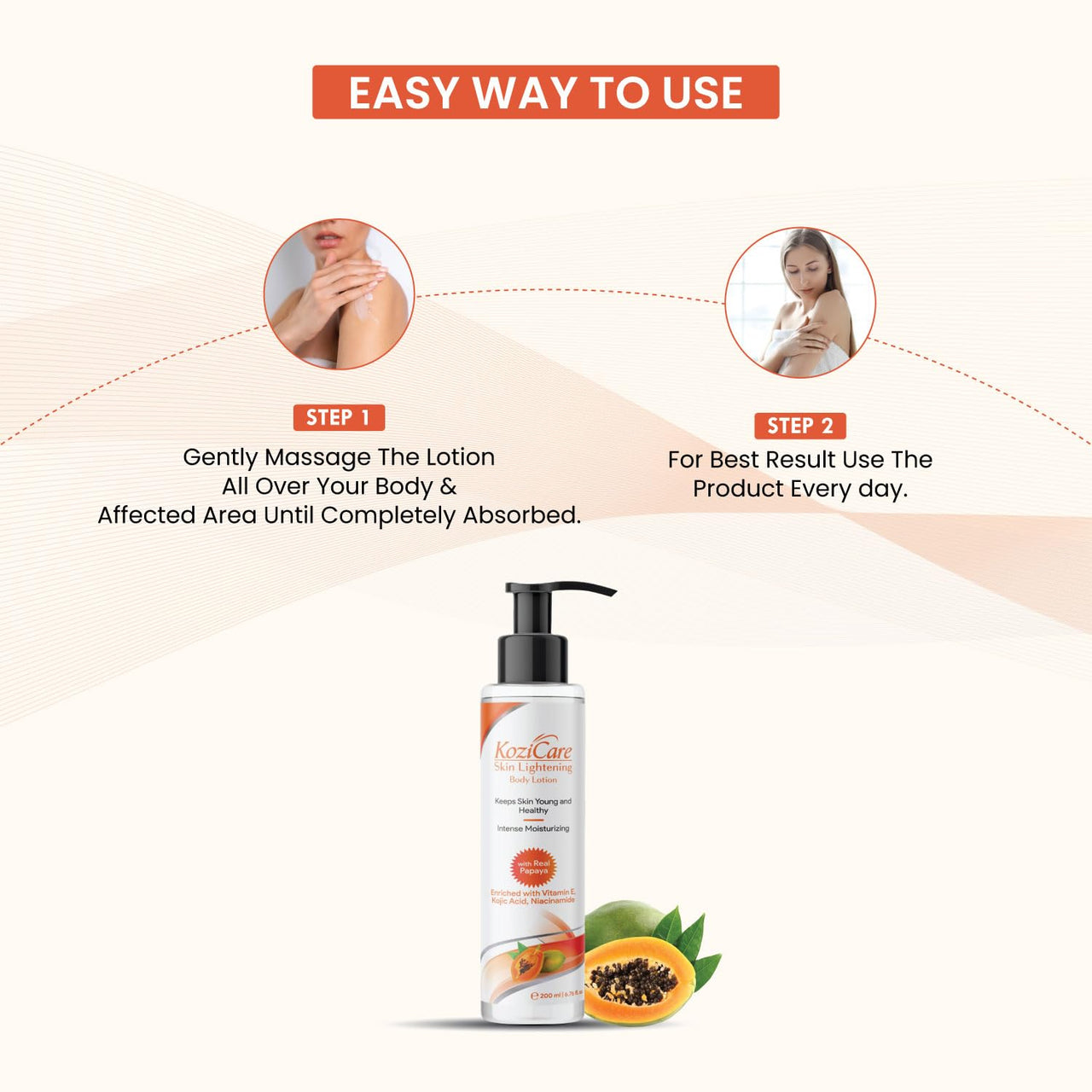 Kozicare Cream Papaya Body Lotion 200ml | Shea Butter & Niacinamide | Kojic Acid Body Lotion for Women & Men | Skin Lightening & Hydrating | Non Greasy & Fast Absorption | Moisturizer for Body - Pack of 5