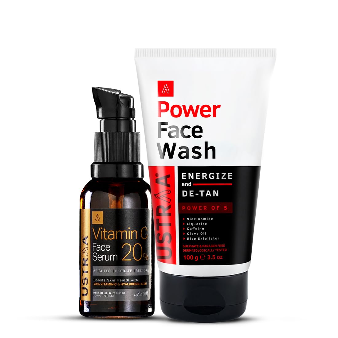 Ustraa Power Face Wash -100g - Energize & De-Tan | for Effective Tan Removal | Helps Brighten Skin & 20% Vitamin C Face Serum - 30ml | 20% Vitamin C in Pure form | Anti-Aging, Brightening