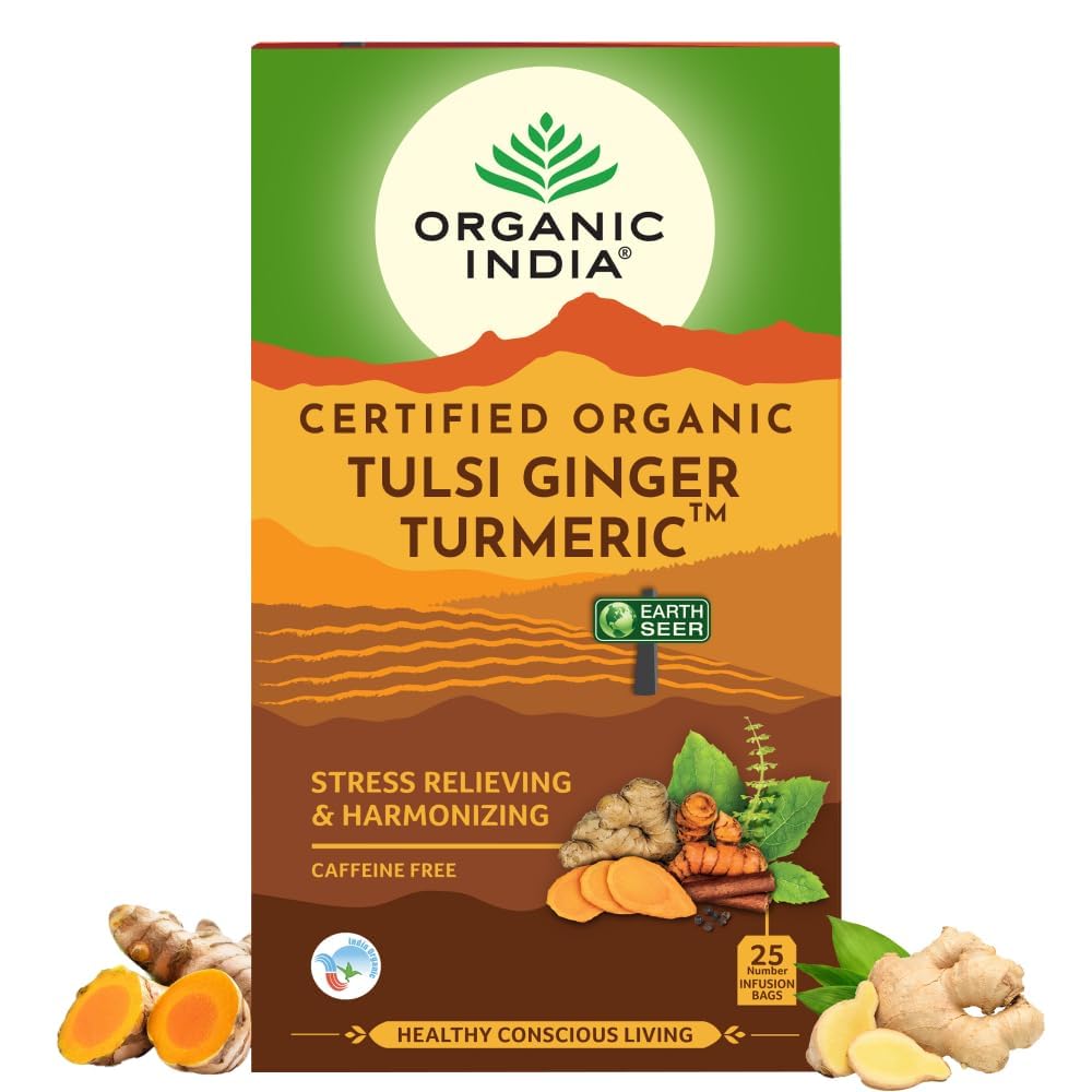A TATA Product - Organic India Tulsi Ginger Turmeric - 25 Tea Bags, Boosts Immunity, Supports Healing & Recovery, Rich in Antioxidants, Made with Tulsi, Turmeric, Cinnamon, and Pepper