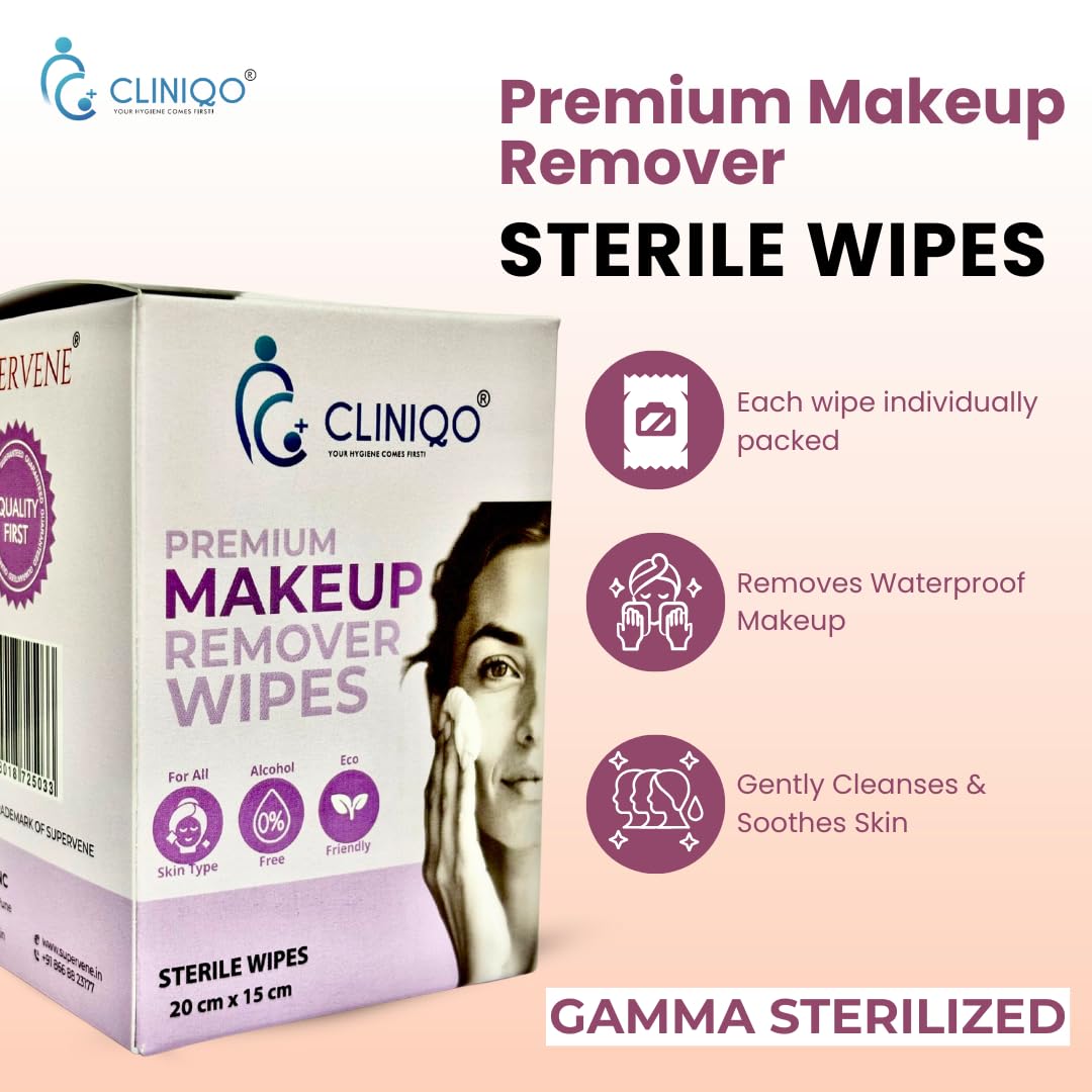 Cliniqo Premium Sterile Makeup Remover Wipes – Gentle, Alcohol-Free,Travel-Friendly, Removes Waterproof Makeup – 40 Large Wipes (20cm x 15cm)