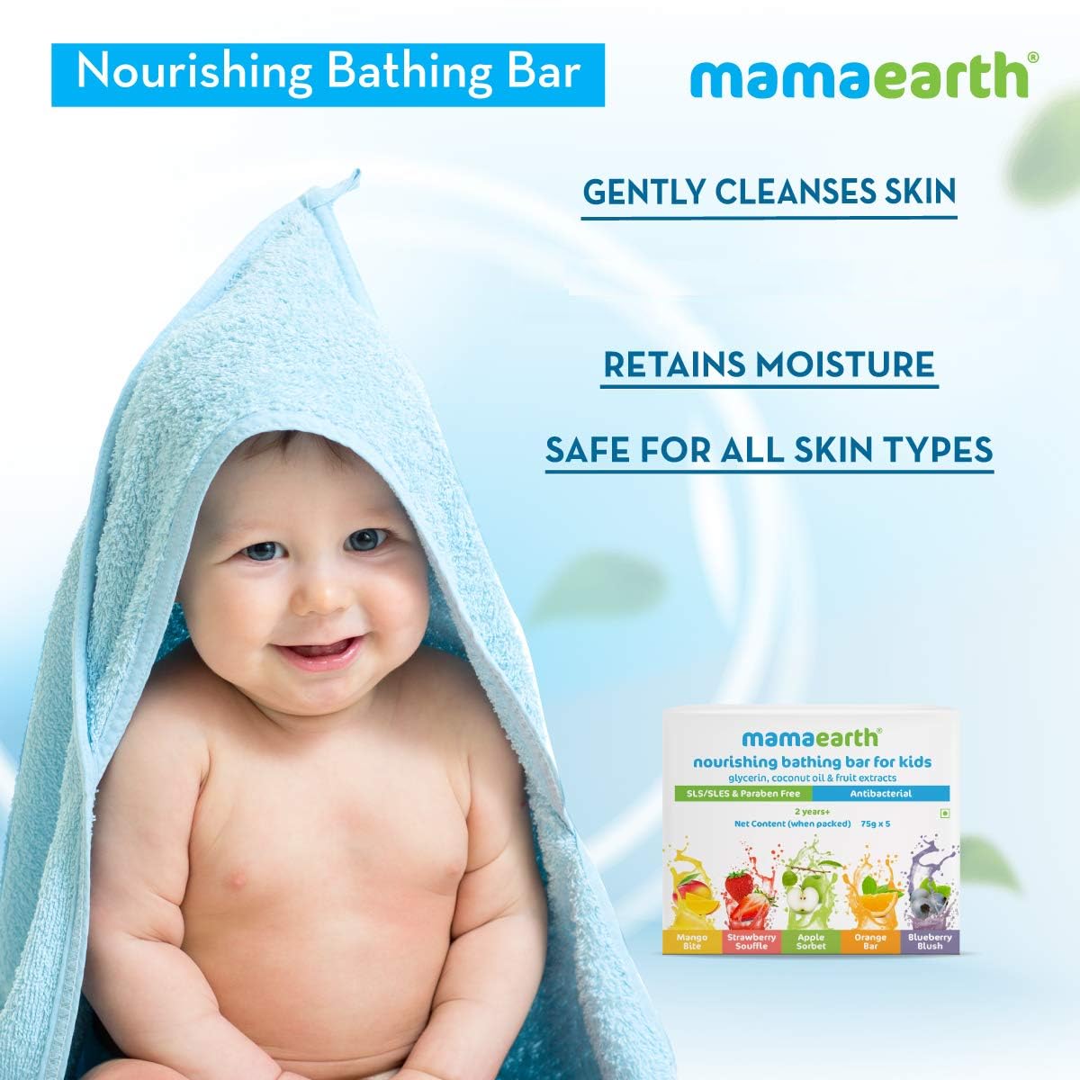Mamaearth Fruit based Nourishing Clear Bathing Bar Baby Antibacterial Soap with Glycerine,SLS & paraben Free, For 2+ years age Kids | 75g x 5