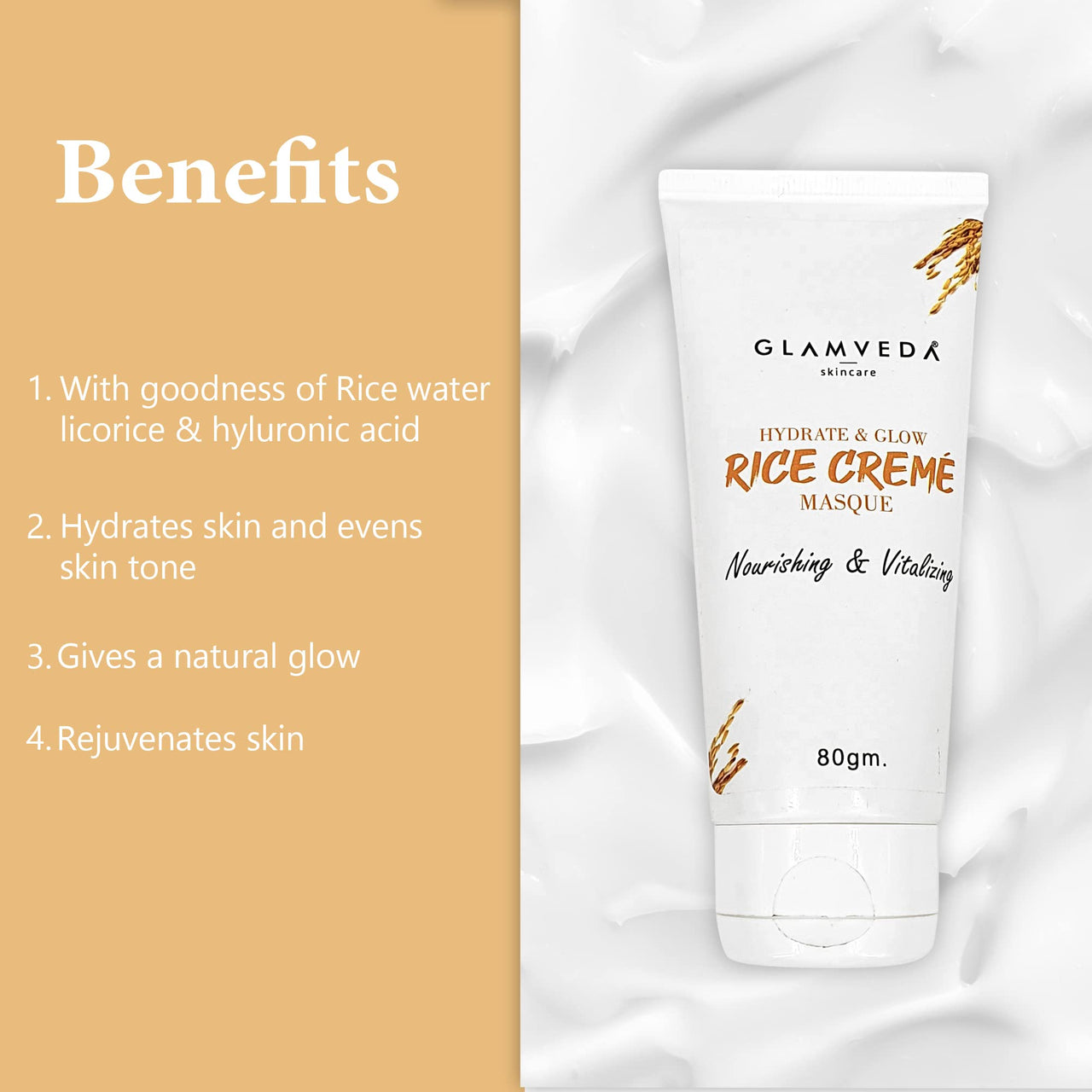 Glamveda rice water hydrate & glow cream mask for Dry & Normal skin | No Paraben, SLS | Pack of 2