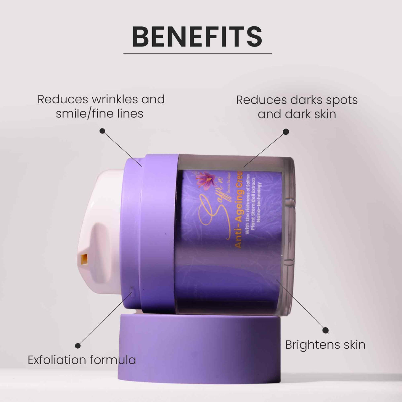 SAFFR'N Anti Ageing Cream With 5% Resveratrol,5% Argireline,10% Hyaluronic Acid,Collagen,Vitamin E,Bakuchiol,Saffron,Centella&Olive Stem Cell Extracts,&Nano Tech To Reduce Ageing Signs|50 Ml