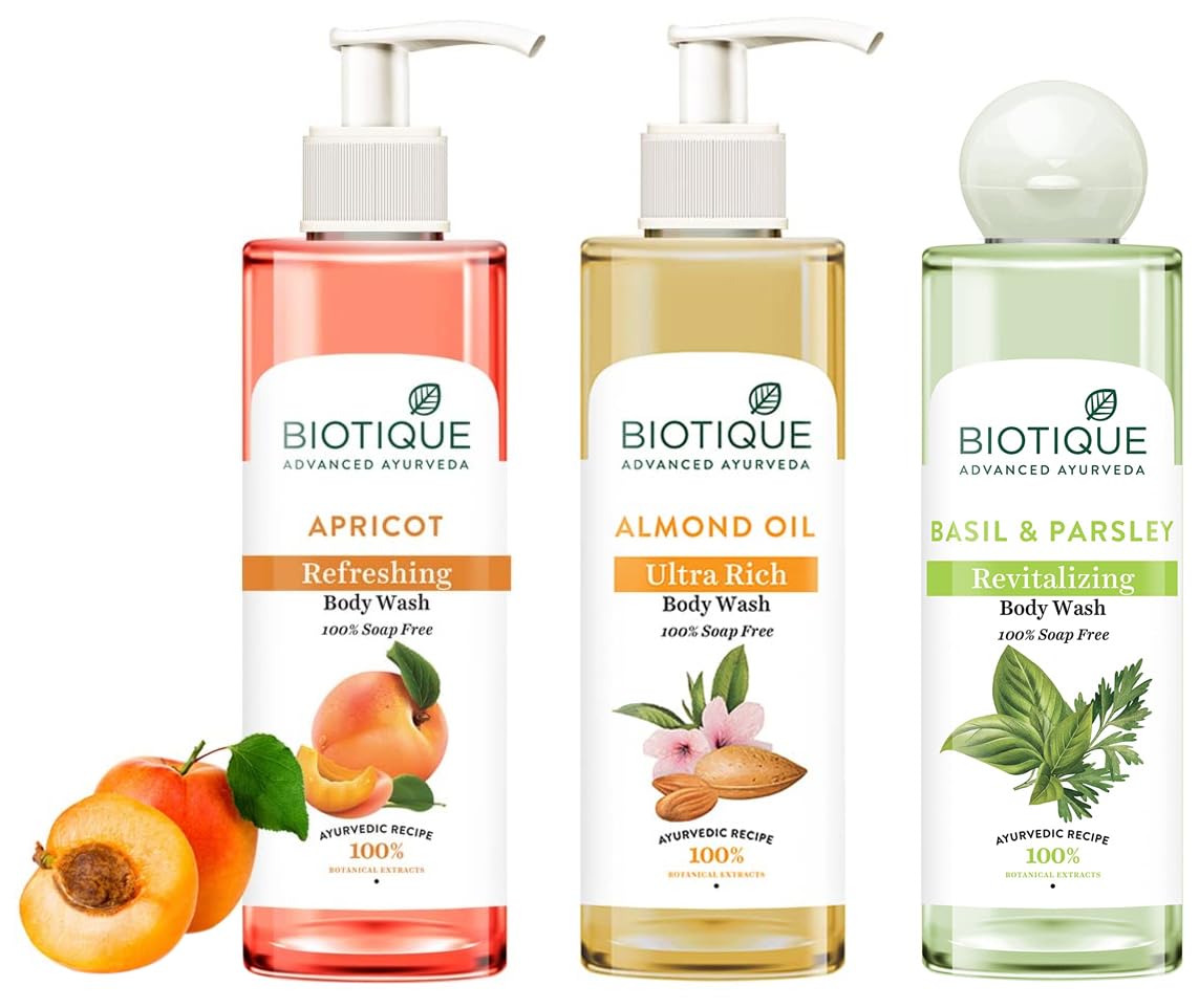 Biotique Basil & Parsley Body Wash, Transparent, 200 ml And Biotique Almond Oil Ultra Rich Body Wash, Botanical Extracts, 200 ml And Biotique Apricot Body Wash, Transparent, 200 ml