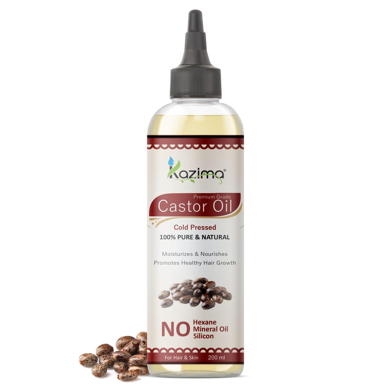 KAZIMA Cold Pressed Extra Virgin Castor Oil for Hair Growth | Moisturizes Skin and Reduces Wrinkles | 100% Pure Castor Oil Cold Pressed for Skin and Hair | 200 ml
