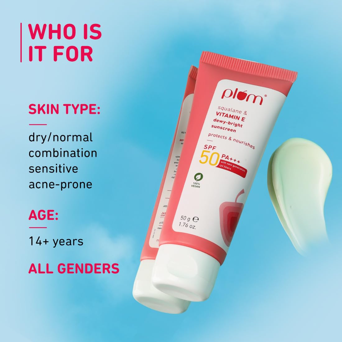 Plum Squalane&Vitamin E Dewy-Bright Sunscreen Spf 50 Pa+++|No White Cast,Lightweight,Non-Sticky|All Skin Types|Sunscreen For Women&Men|100% Vegan|50 G