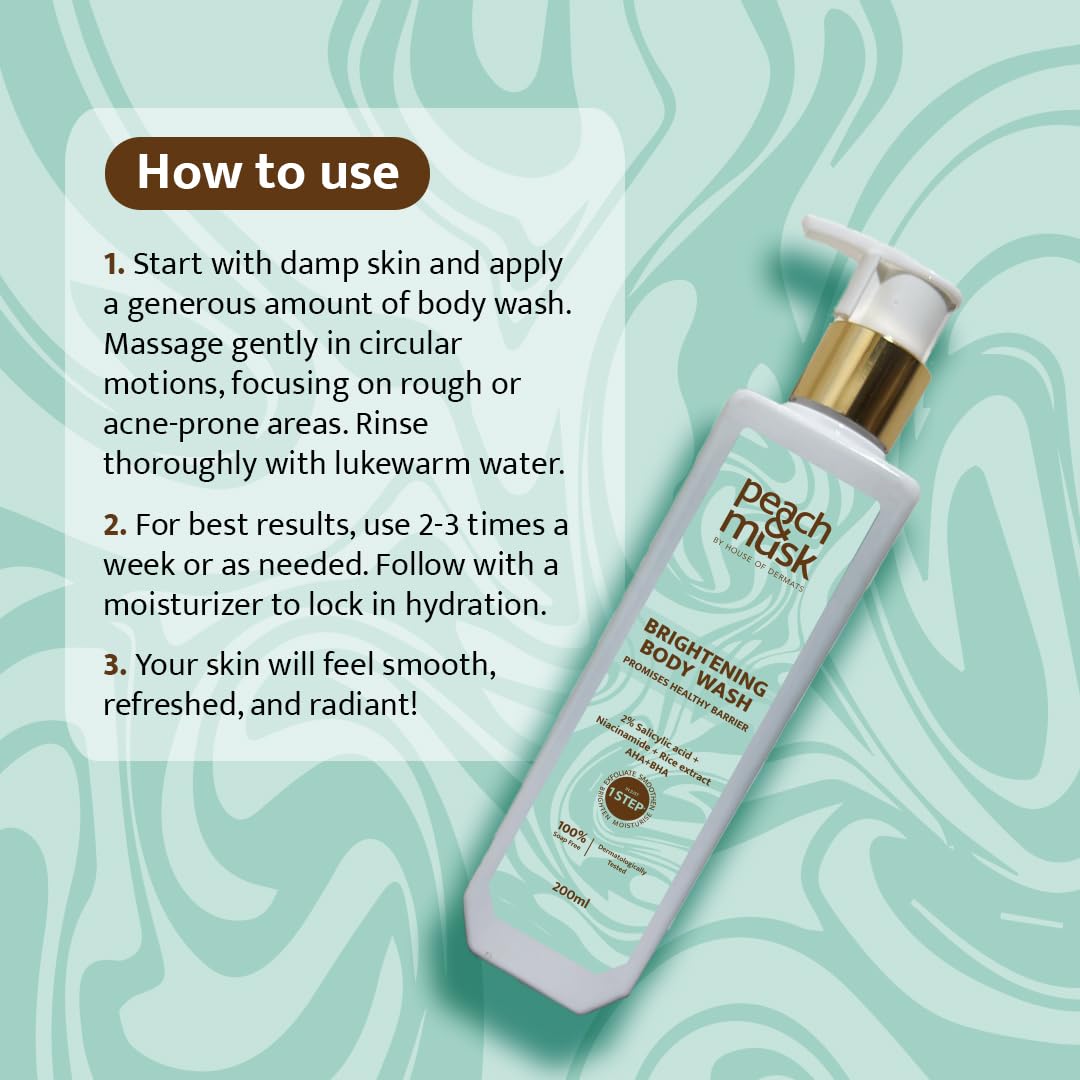 Peach and Musk 2% Salicylic Acid Brightening Soap Free Body Wash, with AHA+BHA and Niacinamide Smoothens Rough & Bumpy Skin, Removes Body Acne & Tan, Daily Use Shower Gel for Men and Women - 200ml