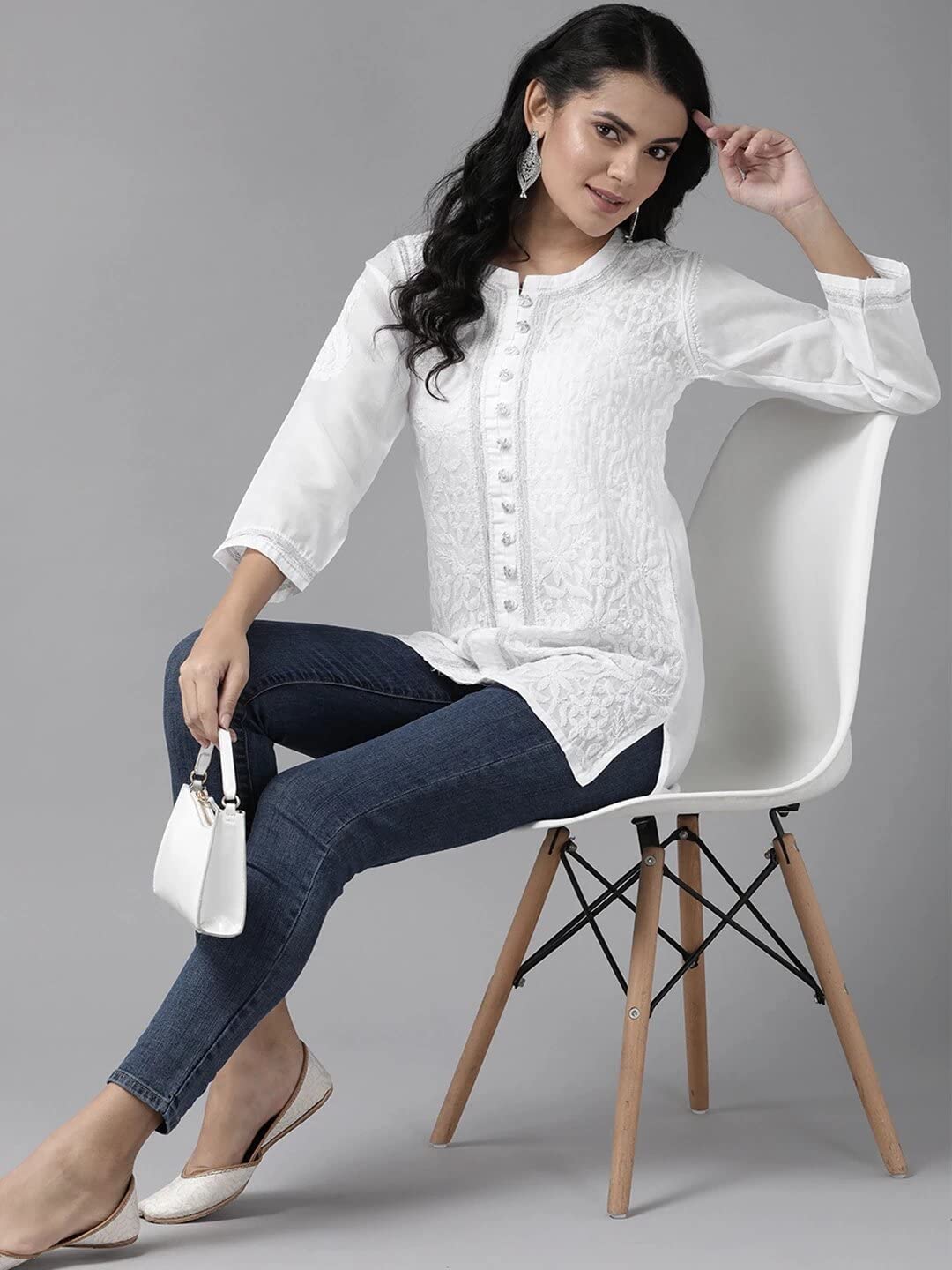 Ada Women's  Hand Embroidered Lucknowi Chikankari Cotton Straight Short Top Kurti A178625