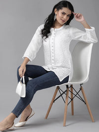 Ada Women's  Hand Embroidered Lucknowi Chikankari Cotton Straight Short Top Kurti A178625