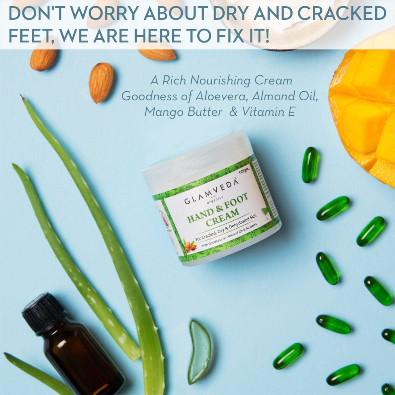 Glamveda Hand & Foot Ayurvedic Crack Cream 100 GM For Dry, Rough & Crack Heels & Elbow, Paraben Free| Alomond Oil, Aloevera & Mango Butter| Deeply Moisturizes & Repairs|