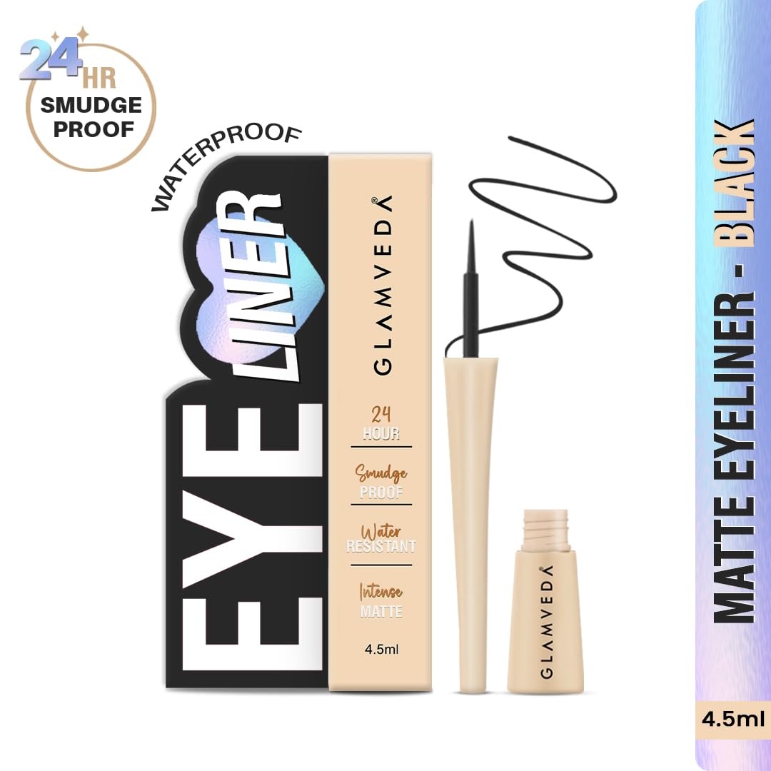 Glamveda Super Matte Liquid Eyeliner – Black, Smudge-Proof, Waterproof, Quick Drying | 24-Hour Long Stay | Smooth Application | Bold, Clean, Smudge-Free Look