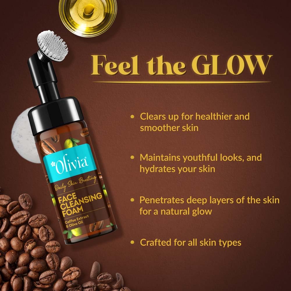 Olivia Daily Skin Boosting Face Cleansing Foam, Built In Brush Face Wash For Deep Cleansing, Massage, Exfoliate, Glowing Bright Skin With Coffee Extract & Olive Oil - 150Ml