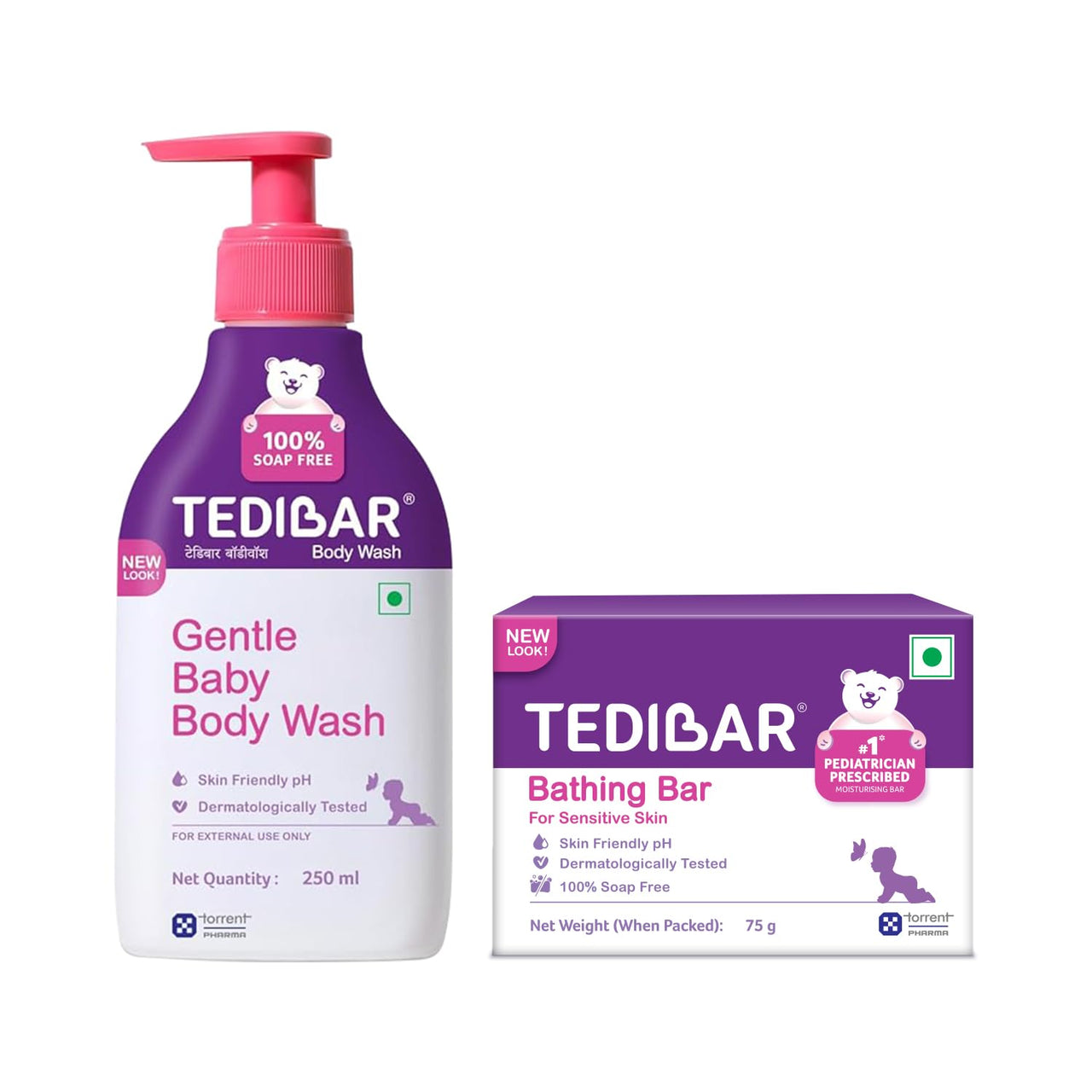 Tedibar Rich Moisturising Baby Body Wash 250ml with Skin Friendly PH | 100% Soap & Alkali Free With Tedibar Moisturising Baby Bathing Bar 75g(Pack of 1) with Skin Friendly PH- By Torrent Pharma