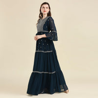 madhuram Women and Girls Fox Georgette Boat Neck with 3/4 Sleeve and Sequence Embroidery Lace Work Anarkali Gown