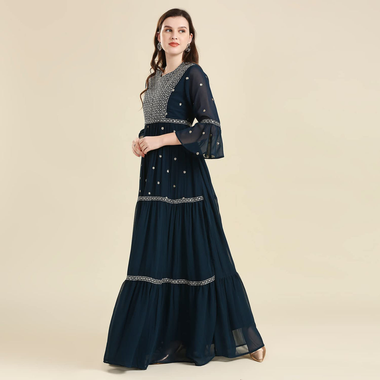madhuram Women and Girls Fox Georgette Boat Neck with 3/4 Sleeve and Sequence Embroidery Lace Work Anarkali Gown