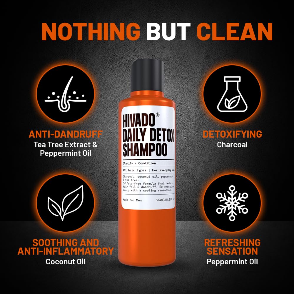 Hivado Daily Detox Shampoo for Men - Anti-Dandruff, Itchy & Flaky Scalp Relief - Fights Build-Up, Dirt, Oil, Hard Water - Tea Tree, Charcoal, Peppermint & Coconut Oil - Sulfate-Free, 250ml