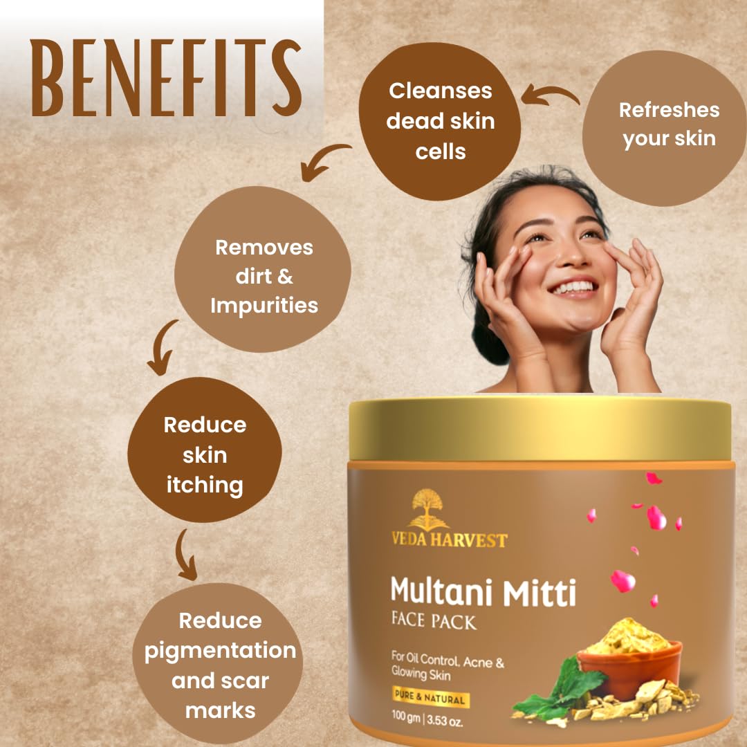 VEDAHARVEST Harvest Multani Mitti Face Pack/Mask, 100gm| Removes Acne, Blackheads, Pigmentation | Natural Face Glow For Man And Women | Chemical Free | Ayurvedic Face Mask