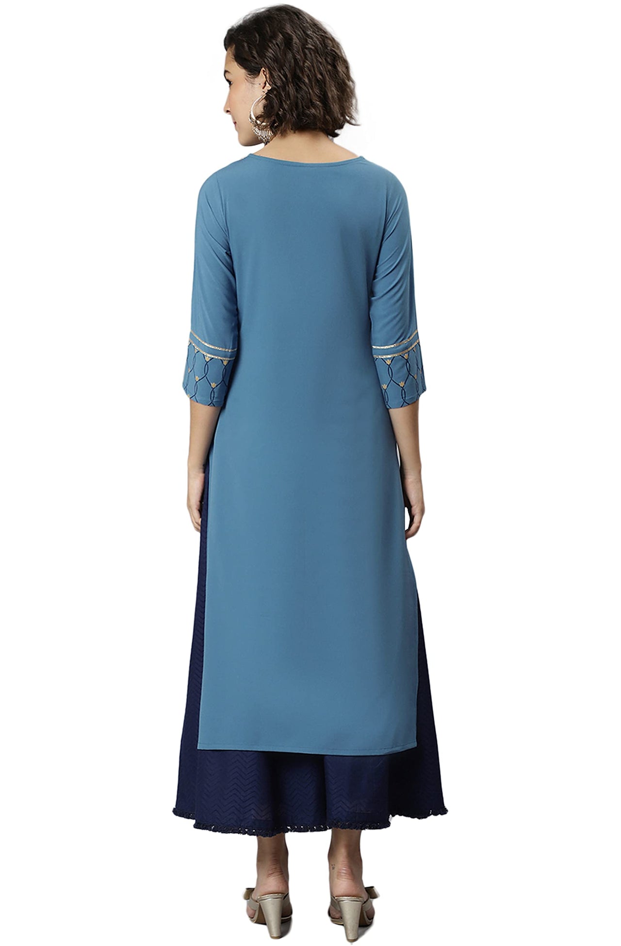 Janasya Women's  Blue Poly Crepe Ethnic Motifs Kurta