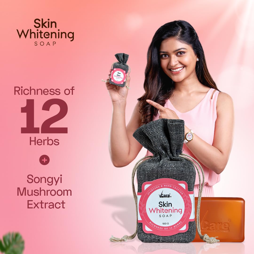 VCare Skin Whitening Soap -100 gm | Richness of 12 Herbs Ingredients with Songyi Mushroom Extract Soap bar | Exfoliates the skin impurities & improves the skin tone for both Men and Women (Pack of 5)