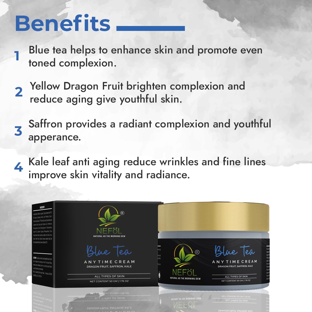 Nefol Anytime Cream with Blue Tea, Yellow Dragon Fruit, Saffron & Kale Leaf - Brightens, Reduces Wrinkles – 50gm