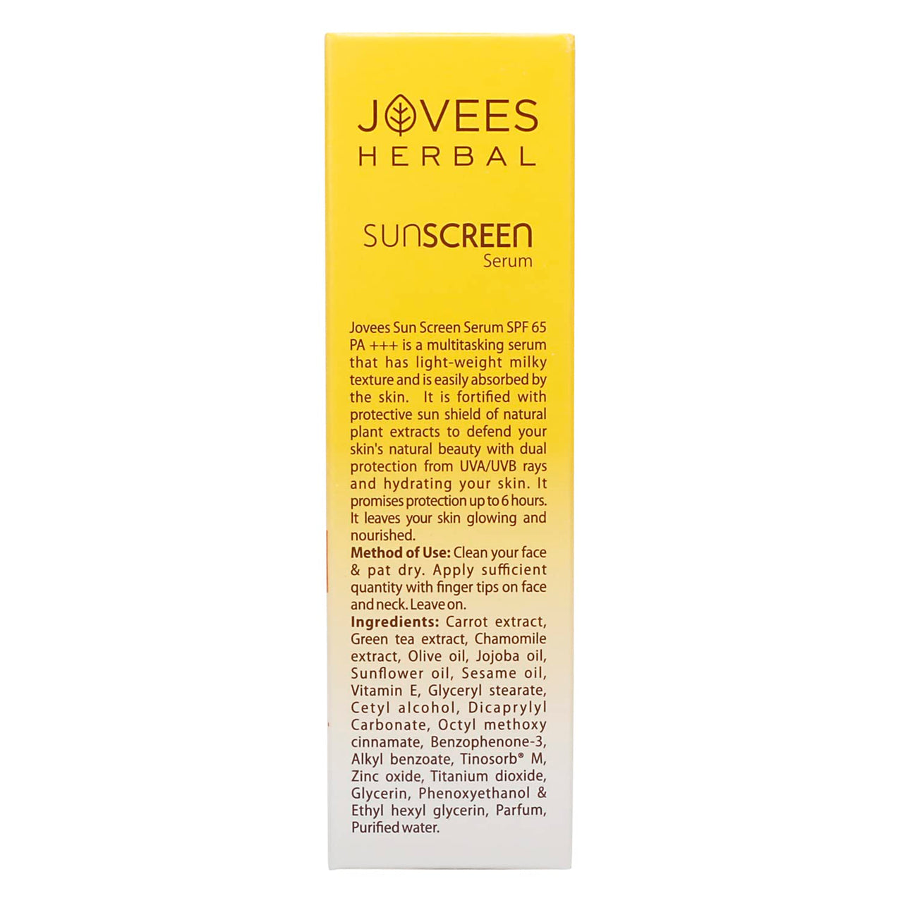 Jovees Sunscreen Face Serum SPF 65 PA+++ Broad spectrum Sun protection with Green tea, Carrot and Sunflower extract | Lightweight & Oil Free | For Oily & Acne Prone Skin 30ml