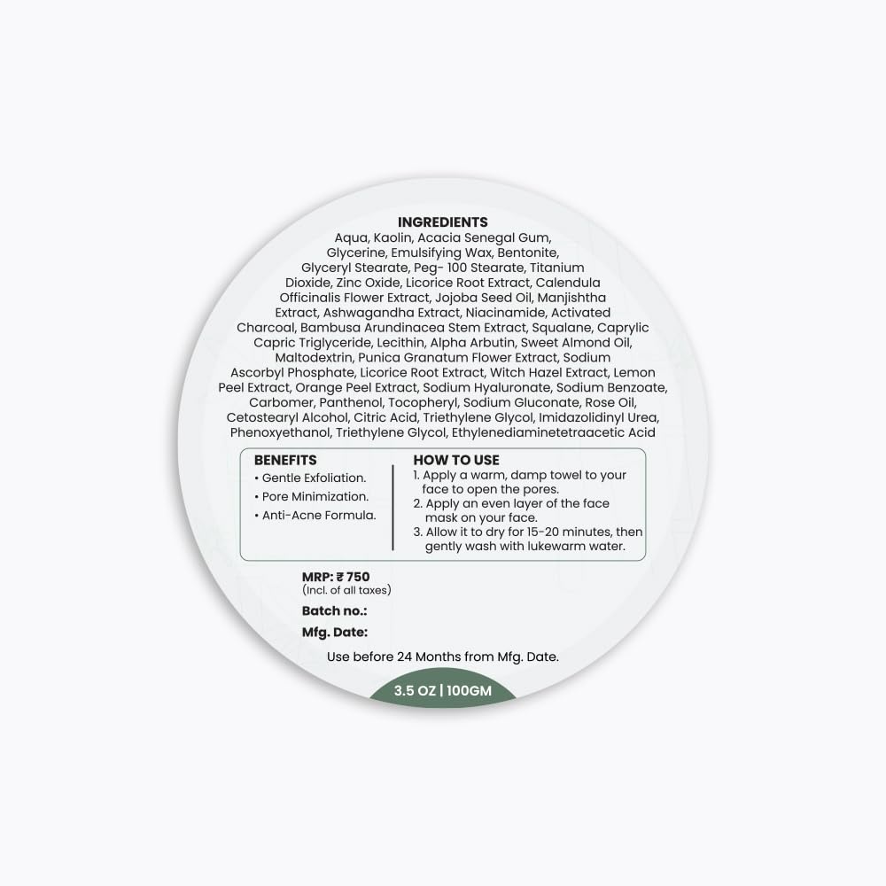 WildOak Activated Charcoal Clay Face Mask | Removes Excess Oil & Detox | De-Tan & Anti-Acne | Fights Pigmentation, Wrinkles & Blackheads | Skin Brightening Face Pack | 100g